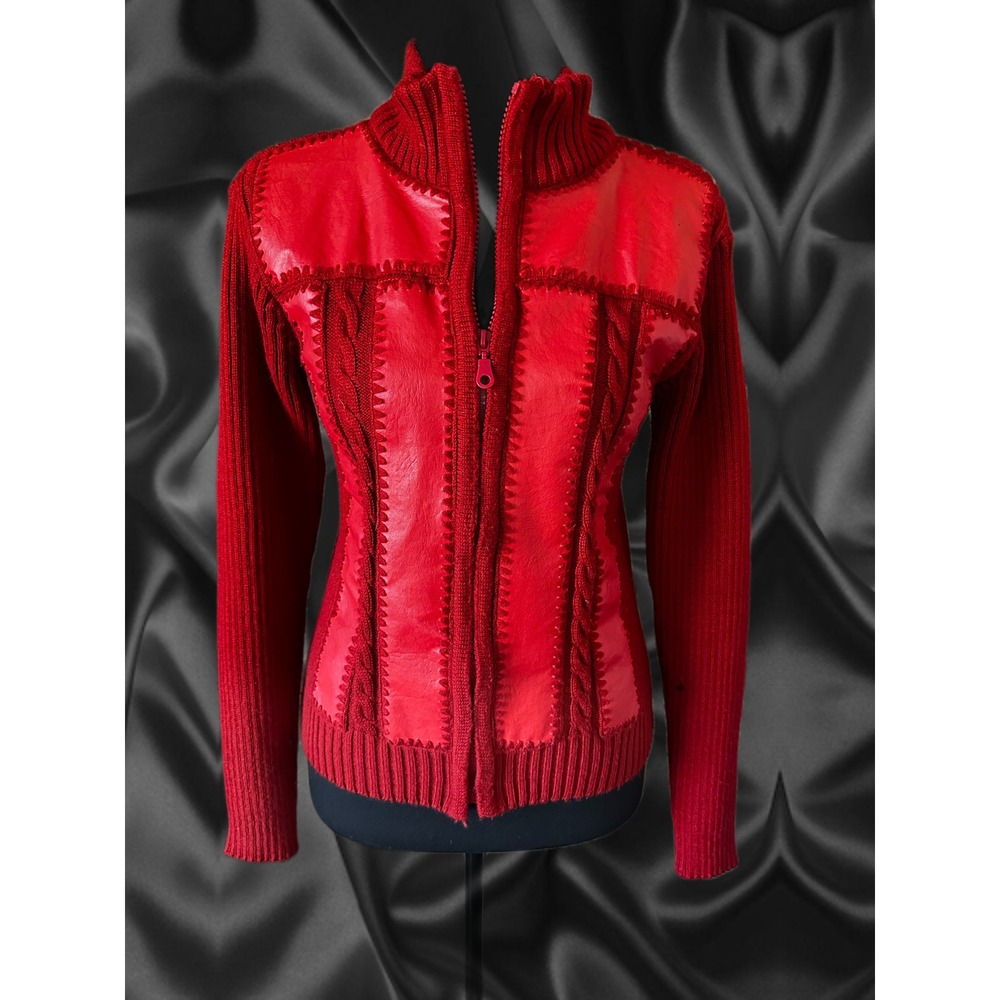 Vintage Red Mixed Media Leather Patchwork‎ Zip Up Ribbed Knit Cardigan Sweater